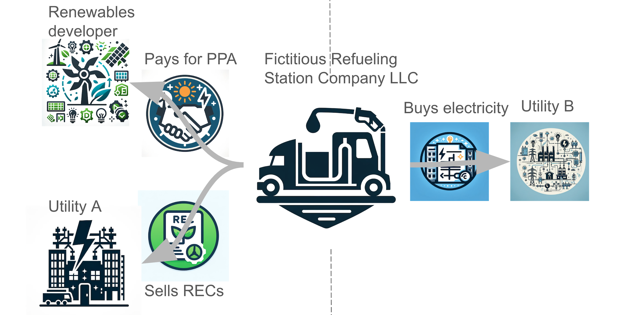 Diagramme montrant des transactions distinctes pour les PPA, REC et l'électricité commerciale par Michael Barnard, stratège en chef, TFIE Strategy Inc., icônes ChatGPT et DALL-E